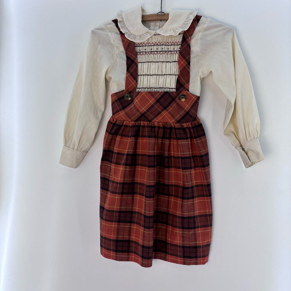 Vintage Plaid Kids Casual Dress with Cream Blouse